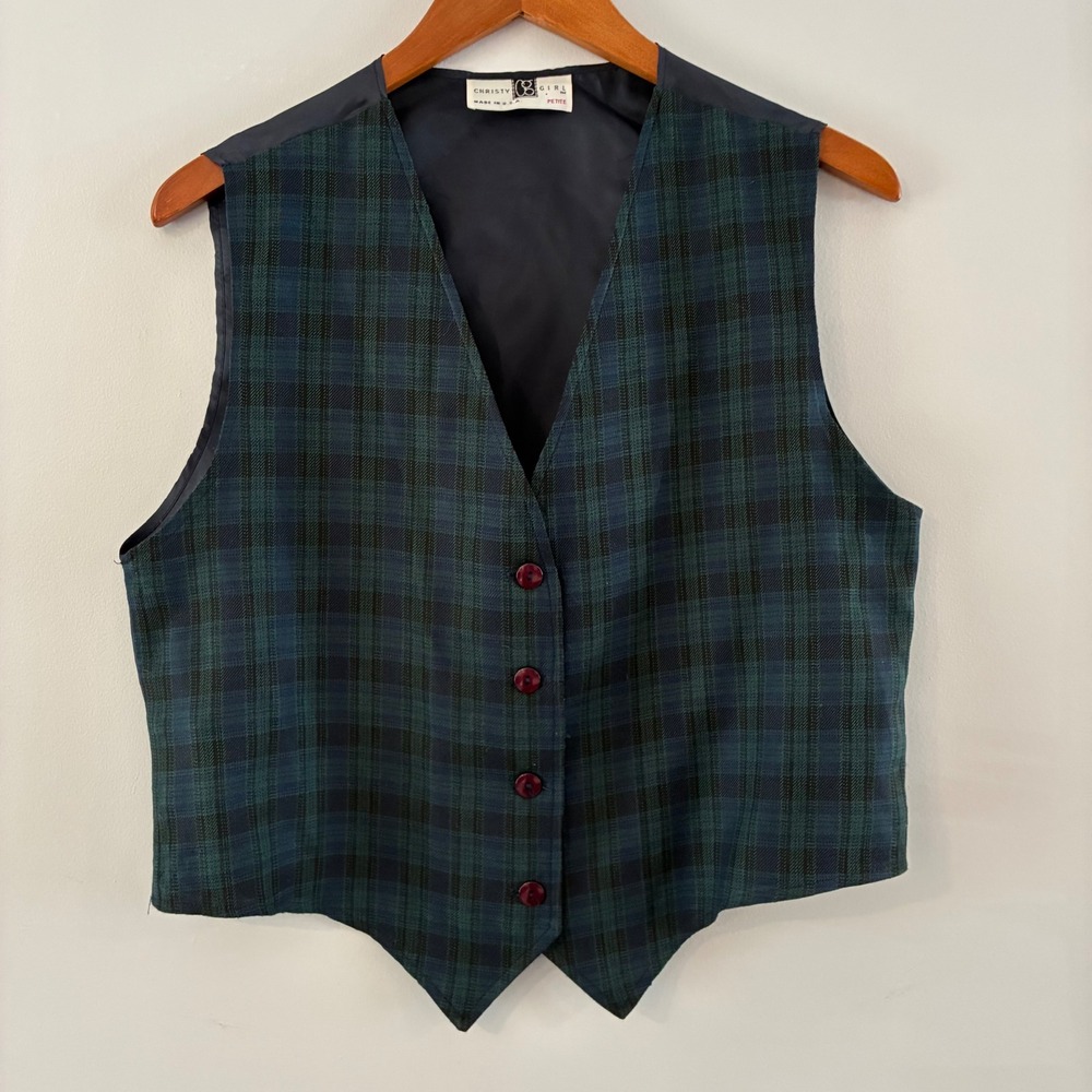 Christy Girl Vest Wom 12P Green Navy Plaid Vtg 90s Preppy Academia Schoolgirl
